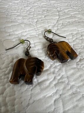 Carved Elephant Drop Earrings in Brown Amber Tones